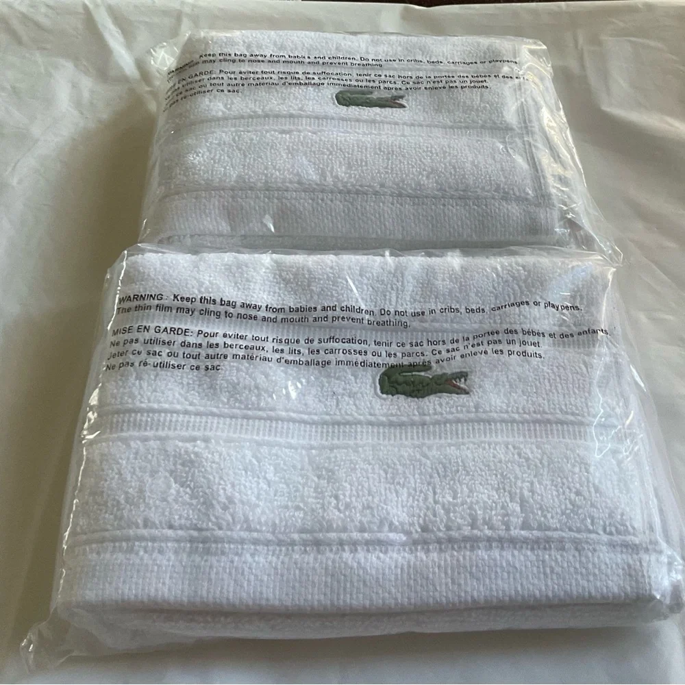 LACOSTE White 2 Hand Wash Towels 100% Cotton-New In Package